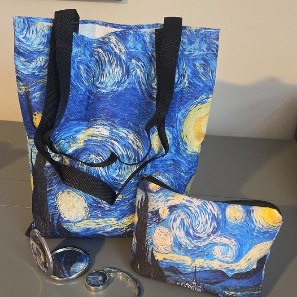 Unbranded Handbags - STARRY NIGHT Print Tote, Cosmetic Pouch, Compact Mirror, and Purse Hook Bundle